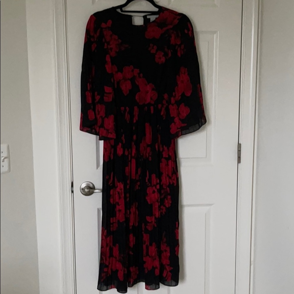 Red and black Floral mid calf length dress